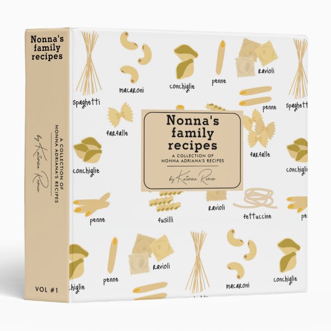 Italian Pasta Shapes & Names Recipe Cookbook Binder (Front/Spine)