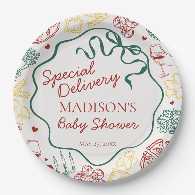 Italian Pasta Special Delivery Baby Shower Paper Plate (Front)