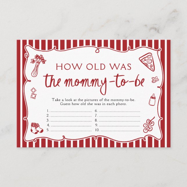 Italian Pizza How Old Was Mommy Baby Shower Game Enclosure Card (Front)