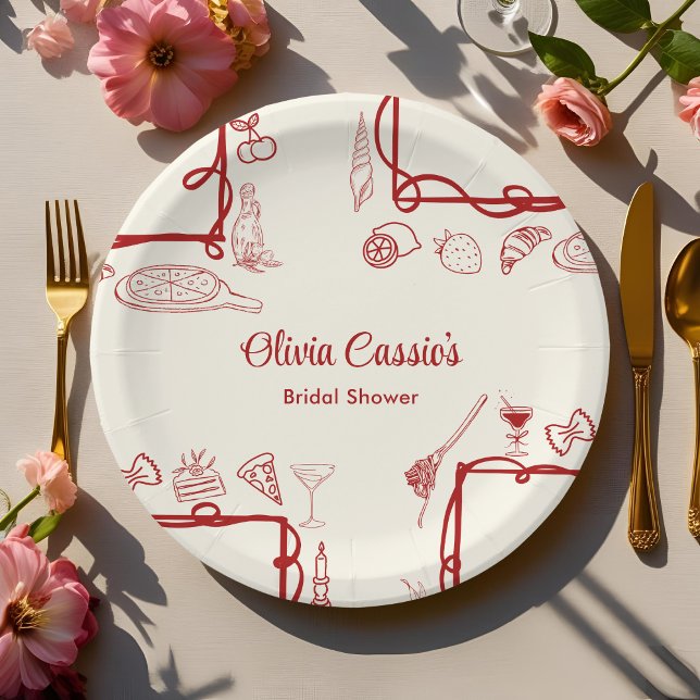 Italian Pizza Red Doodle Ciao Bella Bridal Shower  Paper Plate (Creator Uploaded)