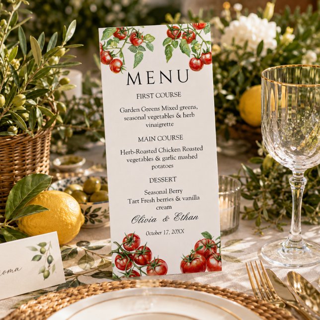 Italian Pomodoro Wedding  Menu (Elegant Italian pomodoro wedding menu card)