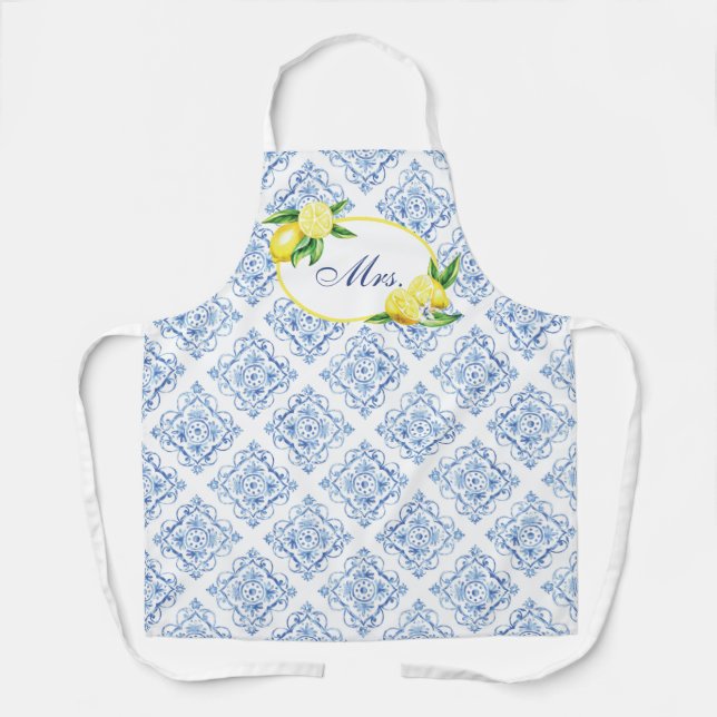 Italian Positano Tuscan Blue Tile Lemon Mrs. Apron (Front)