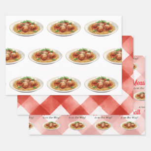 Italian Red Gingham Meatball Pasta Baby Shower Wrapping Paper Sheet