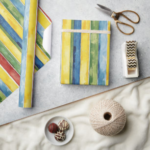 Italian Red Green Blue Yellow Stripes Birthday Wrapping Paper