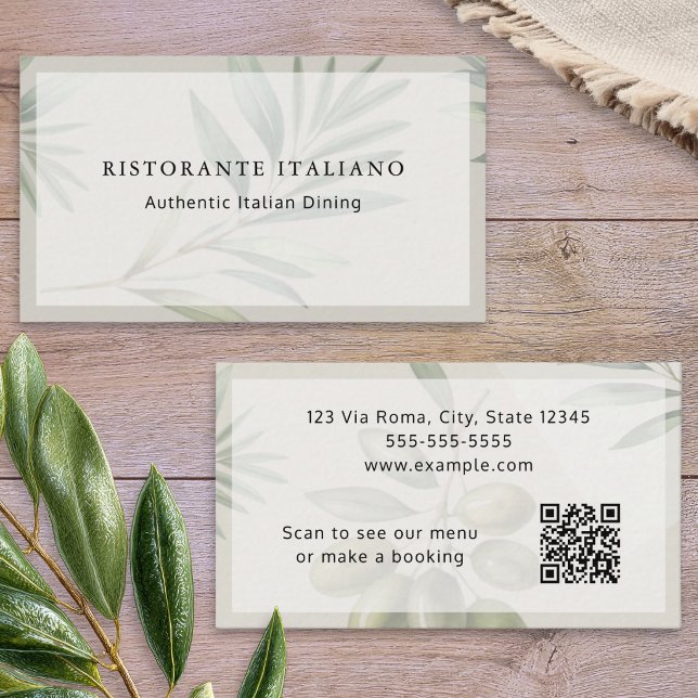Italian Restaurant Stylish Modern QR Code Menu Business Card (A customizable business card template for an Italian restaurant, with olives design and QR code)