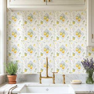 Italian Riviera Watercolor Lemon Botanical Pattern Tile