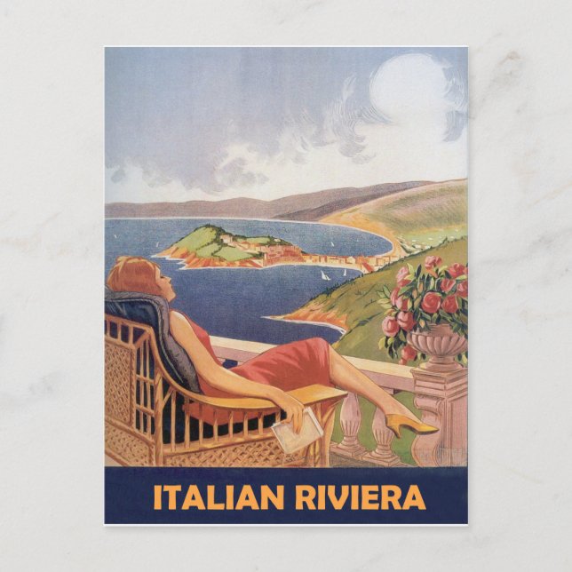Italian riviera, woman on hotel terrace, vintage postcard (Front)