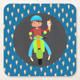 Italian scooter boy Birthday Party Square Paper Coaster