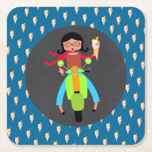 Italian scooter girl Birthday Party Square Paper Coaster