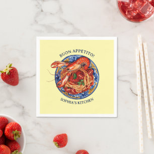 Italian Seafood Lobster Pasta, Sicilian Maiolica Napkin