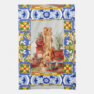 Italian,Sicilian art,maiolica,tiles,baroque art  Kitchen Towel