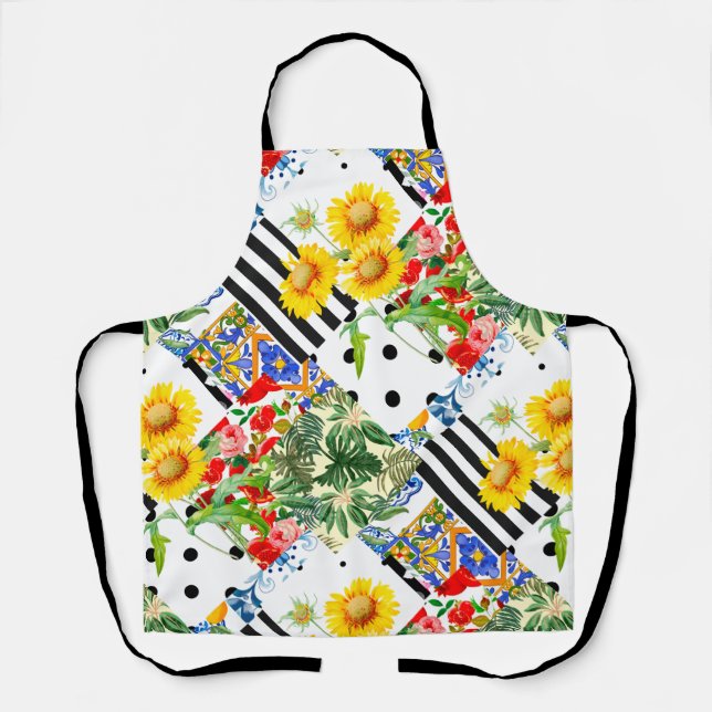 Italian,Sicilian art,patchwork,summer Flowers    Apron (Front)