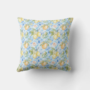 Italian Sicilian Blue Tile Yellow Lemon Watercolor Throw Pillow