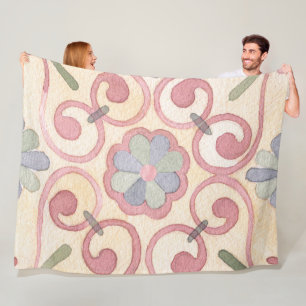 Italian Spanish Majolica Pink Floral Watercolor Fleece Blanket