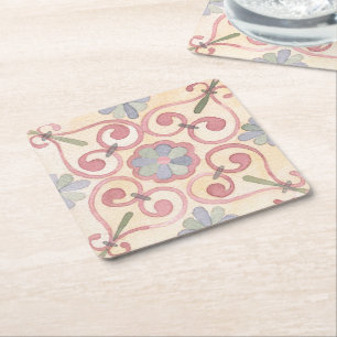 Italian Spanish Majolica Pink Floral Watercolor  Square Paper Coaster