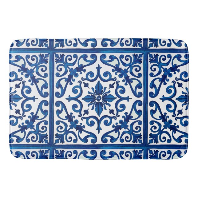 Italian style,Mediterranean,mosaic,blue, Bath Mat (Front)