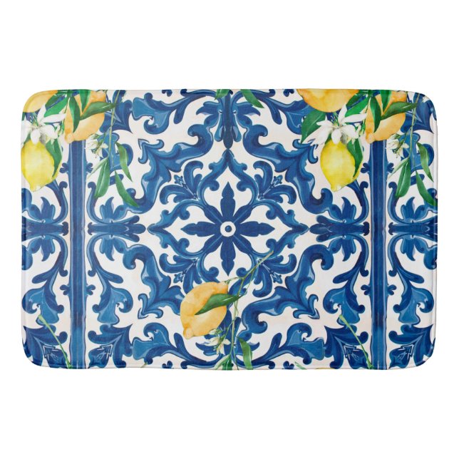 Italian style,Mediterranean,mosaic,blue,lemon, Bath Mat (Front)