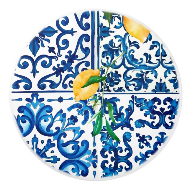 Italian style,Mediterranean,mosaic,blue,lemon, Ceramic Knob (Front)