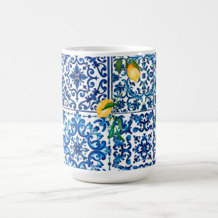 Italian style,Mediterranean,mosaic,blue,lemon, Coffee Mug