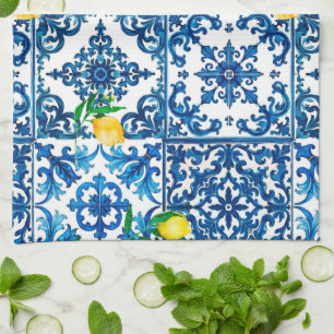 Italian style,Mediterranean,mosaic,blue,lemon, Kitchen Towel