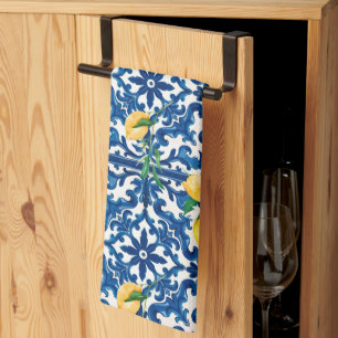 Italian style,Mediterranean,mosaic,blue,lemon, Kitchen Towel