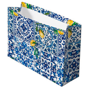 Italian style,Mediterranean,mosaic,blue,lemon, Large Gift Bag