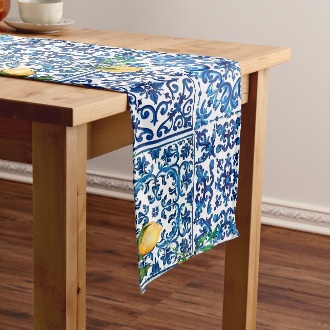 Italian style,Mediterranean,mosaic,blue,lemon, Medium Table Runner (In Situ)