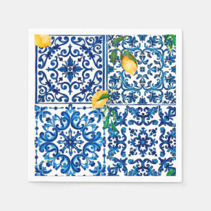Italian style,Mediterranean,mosaic,blue,lemon, Napkin