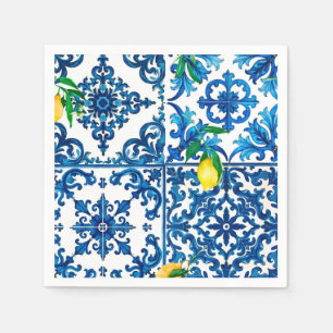 Italian style,Mediterranean,mosaic,blue,lemon, Napkin