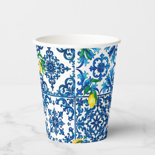 Italian style,Mediterranean,mosaic,blue,lemon, Paper Cups (Front)