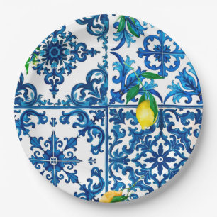 Italian style,Mediterranean,mosaic,blue,lemon, Paper Plate