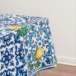Italian style,Mediterranean,mosaic,blue,lemon, Tablecloth