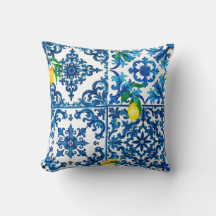Italian style,Mediterranean,mosaic,blue,lemon, Throw Pillow