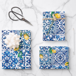 Italian style,Mediterranean,mosaic,blue,lemon, Wrapping Paper Sheet