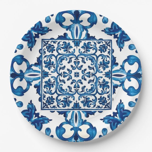 Italian style,Mediterranean,mosaic,blue, Paper Plate (Front)