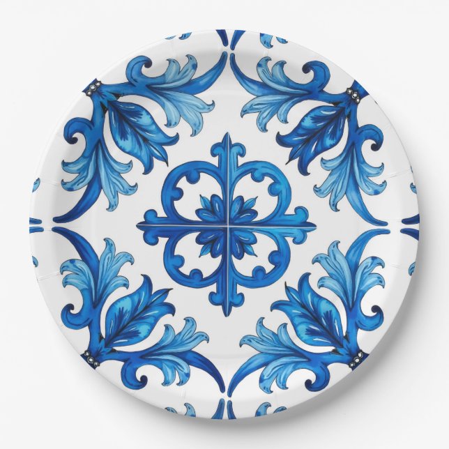 Italian style,Mediterranean,mosaic,blue, Paper Plate (Front)