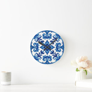 Italian style,Mediterranean,mosaic,blue, Round Clock
