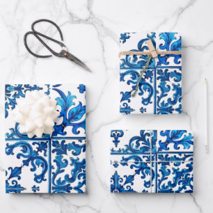 Italian style,Mediterranean,mosaic,blue, Wrapping Paper Sheet