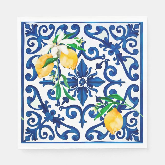 Italian style,mosaic,blue,lemon, napkin (Front)