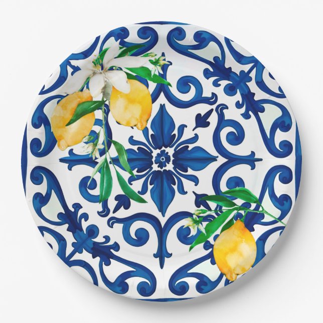 Italian style,mosaic,blue,lemon, paper plate (Front)