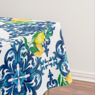 Italian style,mosaic,blue,lemon, tablecloth