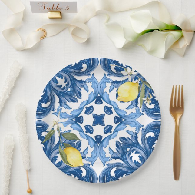 Italian style,tiles,majolica,lemon ,All-Over Print Paper Plate (Wedding)