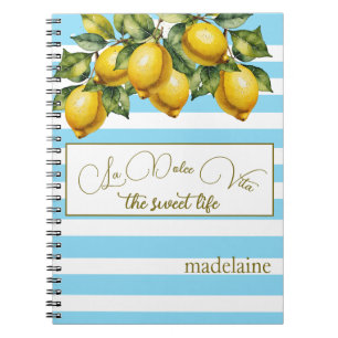 Italian Summer Lemon Botanical Blue White Stripe  Notebook