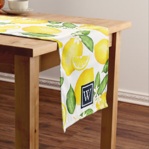 Italian Summer Lemon Navy Blue Monogram Long Table Runner