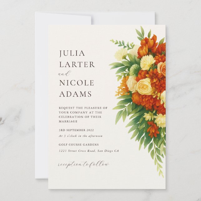 Italian Sunset Orange Green Flower Bouquet Wedding Invitation (Front)