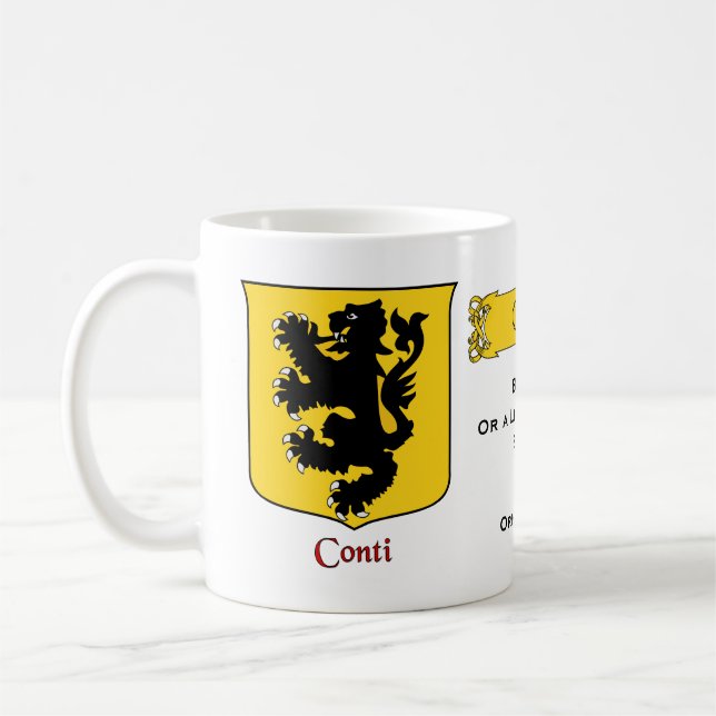 Italian Surname Conti Heraldic Shield and Blazon Coffee Mug (Left)