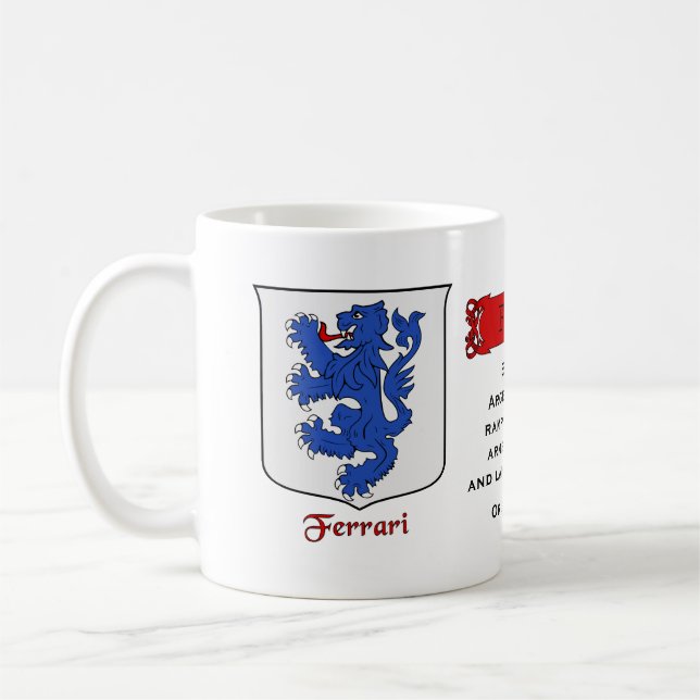 Italian Surname Ferrari Heraldic Shield and Blazon Coffee Mug (Left)