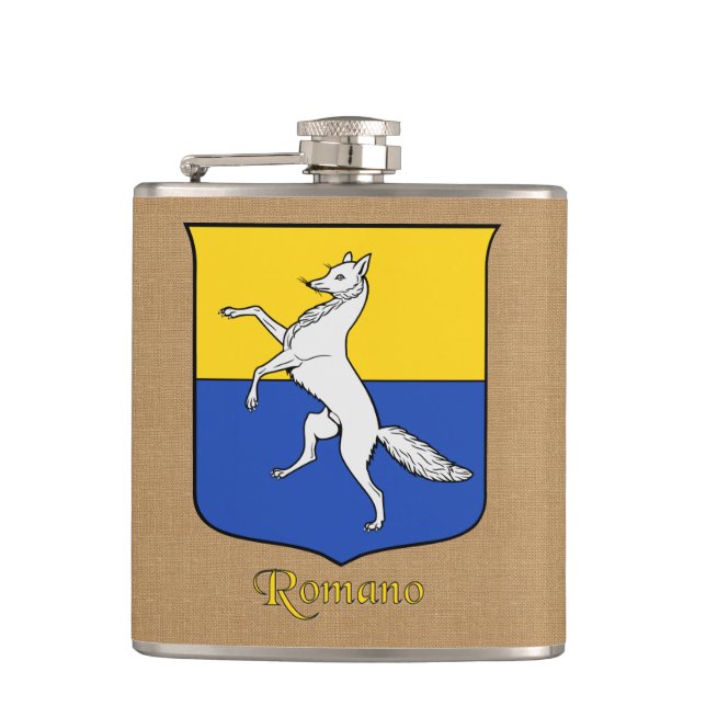 Italian Surname Romano Heraldic Shield Hip Flask (Front)