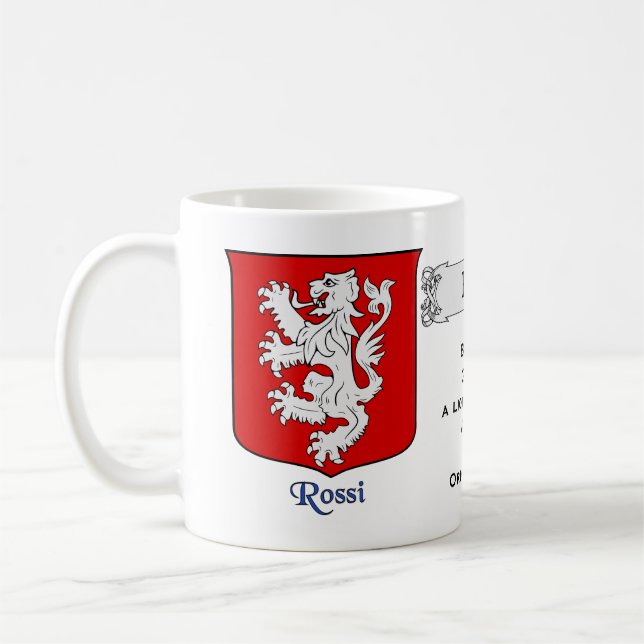 Italian Surname Rossi Heraldic Shield and Blazon Coffee Mug (Left)