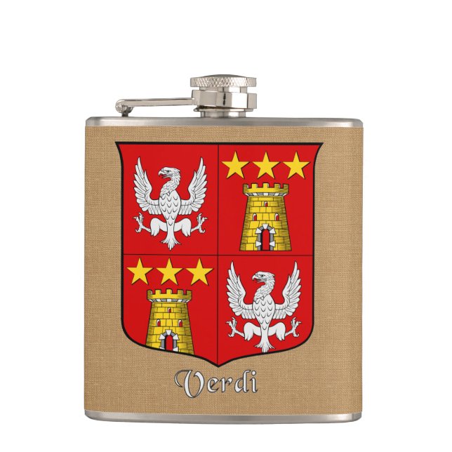 Italian Surname Verdi Heraldic Shield Hip Flask (Front)
